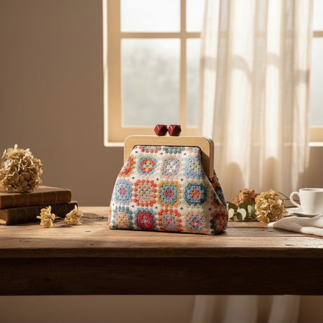 Handmade floral handbag styled on a clean display setting