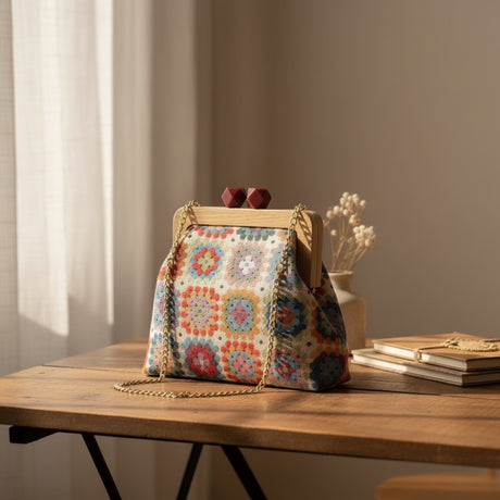 Colorful floral handmade crochet bag with wooden handles, Jack Gifts Online Lebanon