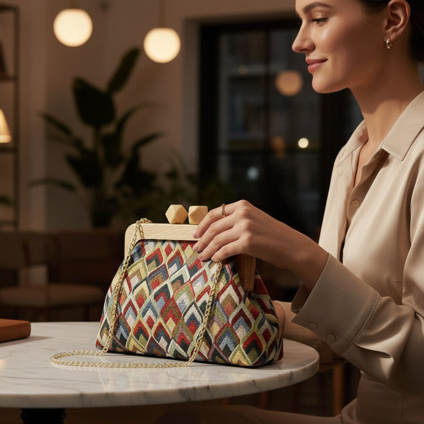 Woman at a cafe table resting her hand on the chevron frame bag