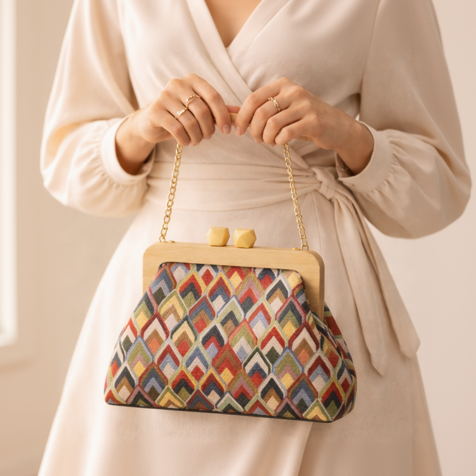 Hands holding the chevron bag by its gold chain against a cream wrap dress
