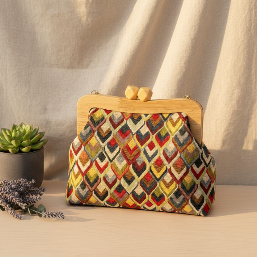 Zigzag pattern handmade bag next to a succulent pot and a lavender sprig