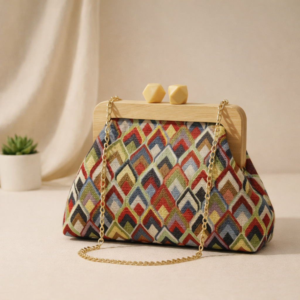 Multicolour chevron tapestry frame bag with a wooden top and long gold chain
