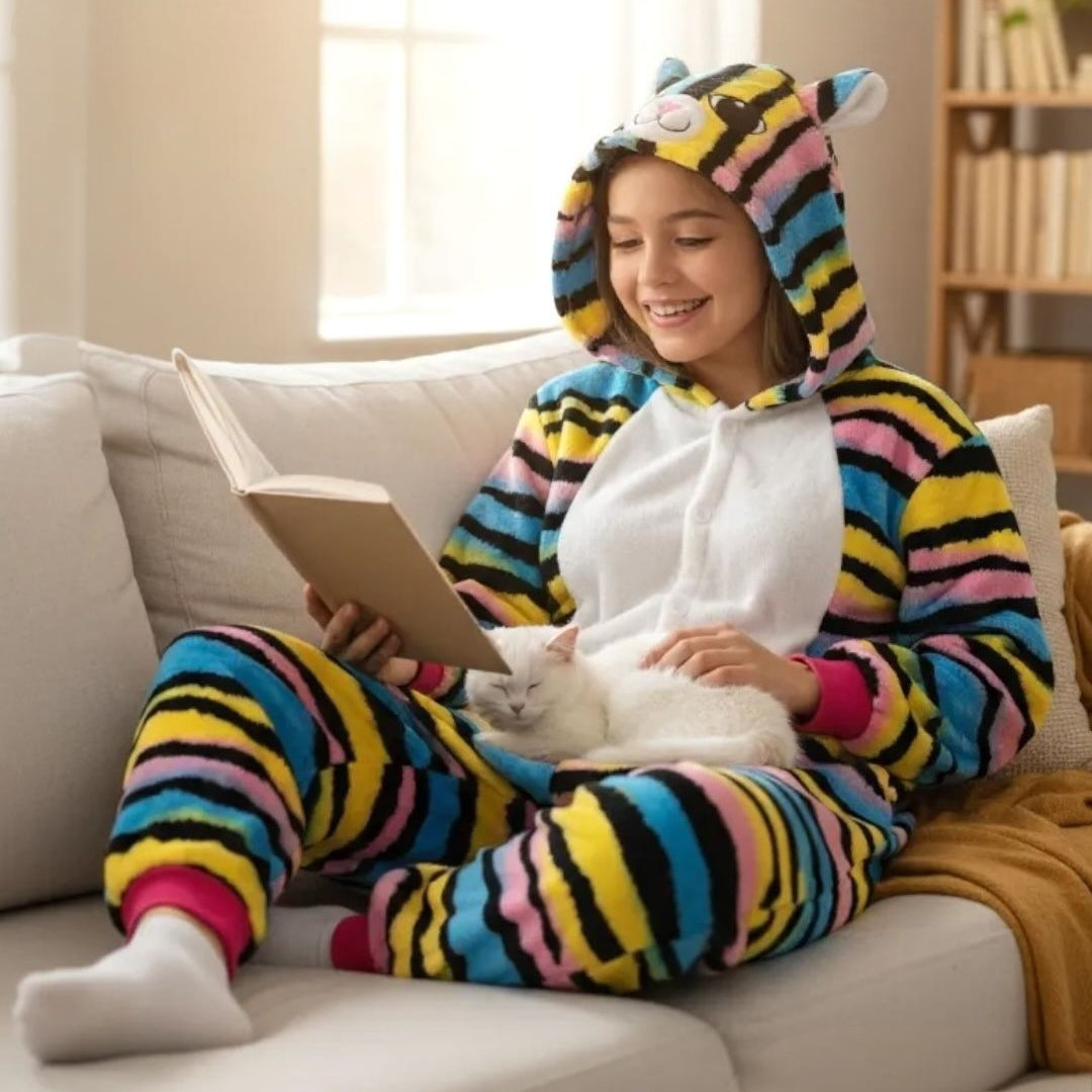 Girl reading on a sofa in a striped rainbow onesie