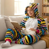 Girl reading on a sofa in a striped rainbow onesie