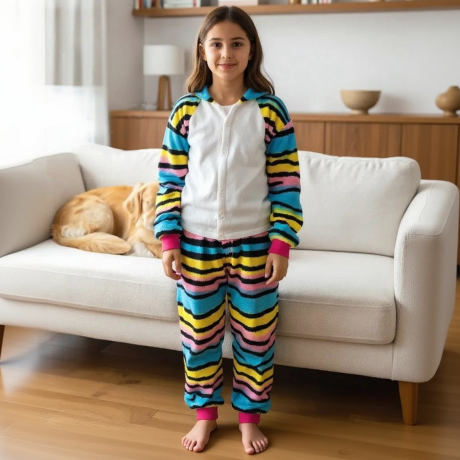 Rainbow tiger onesie worn standing in a living room