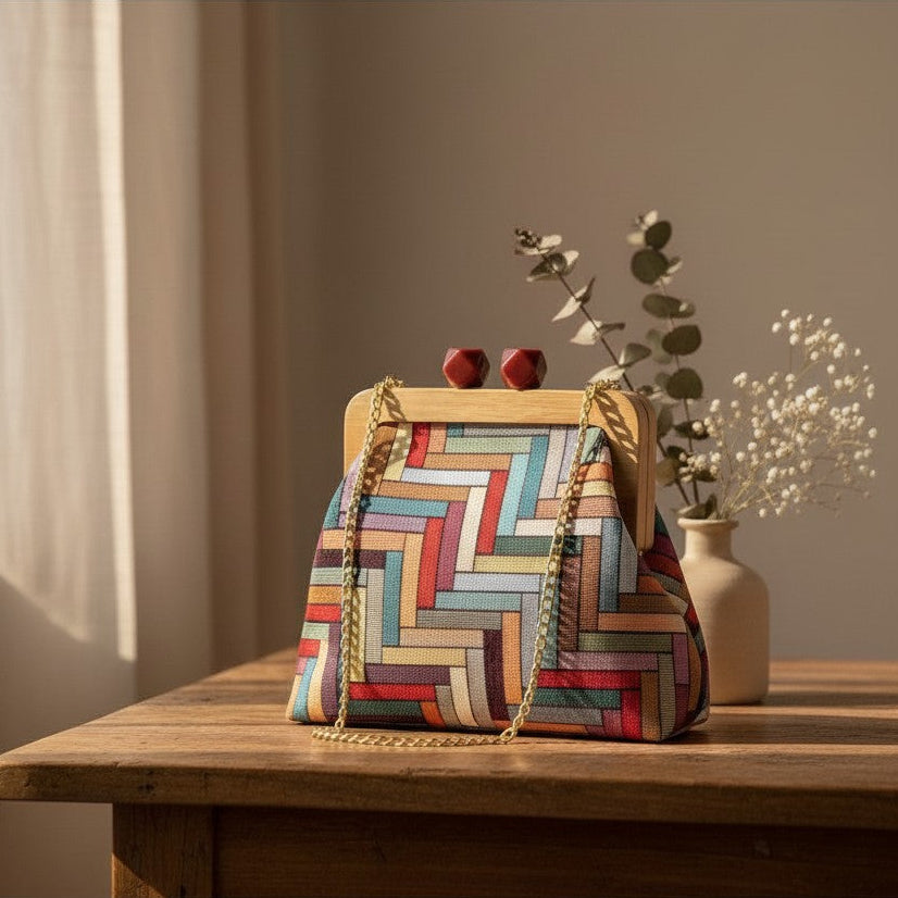 Colorful pattern handmade bag with wooden handles, Jack Gifts Online Lebanon
