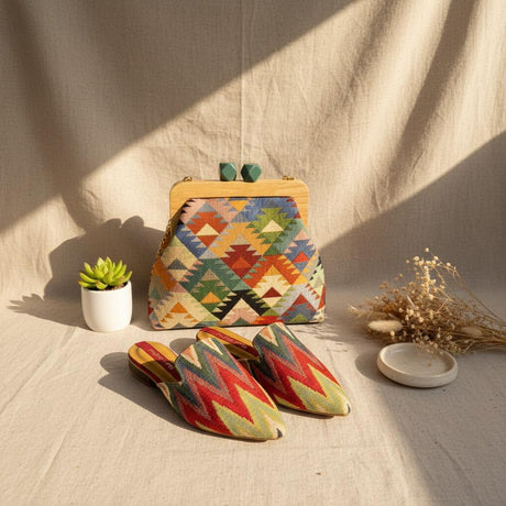 Tribal triangle bag paired with matching kilim pointed slippers