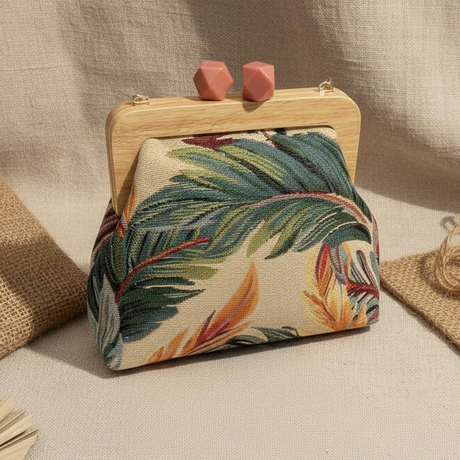 Close view of the palm frond and flower weave under a wooden frame top