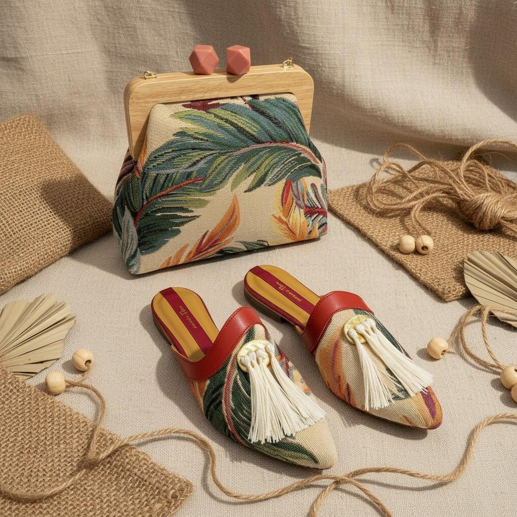 Palm leaf bag set on jute beside tasselled tropical mules