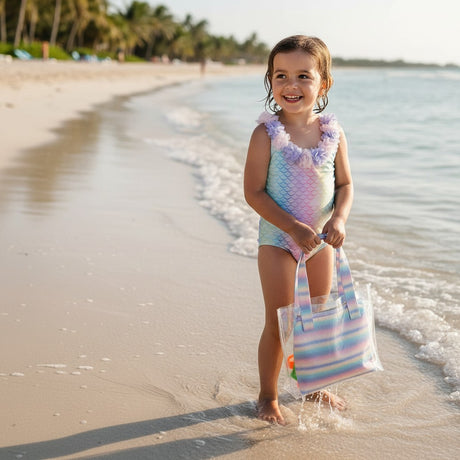 Child in a mermaid-themed swimsuit holding a colorful bag on a beach.