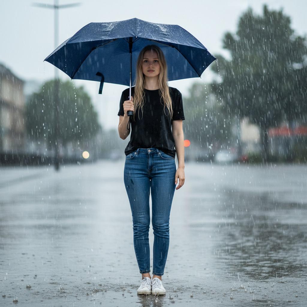 Woman holding a blue compact umbrella in the rain on a city street