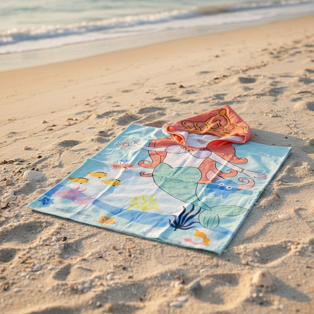 Aqua mermaid poncho towel with an orange haired mermaid, crab and octopus flat lay on sand
