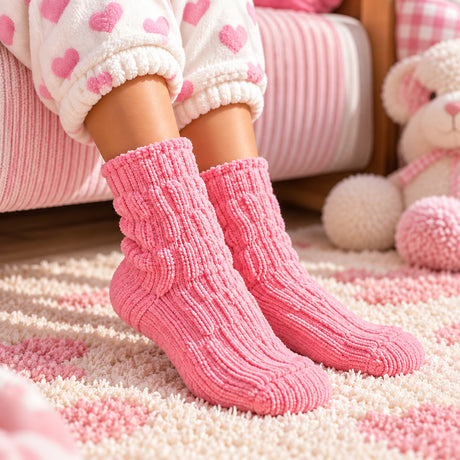 Child wearing coral pink cable knit fuzzy socks on a pink and cream checked rug
