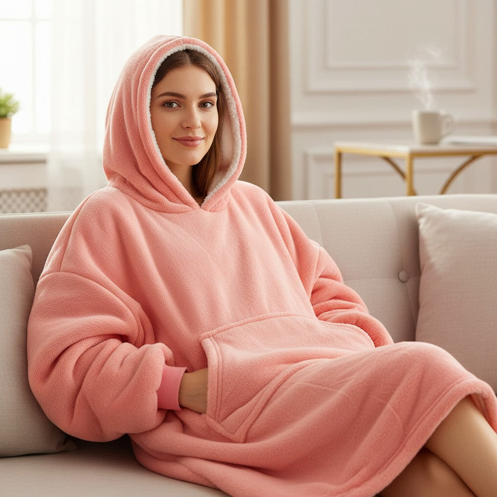 Coral pink hooded blanket worn with the hood up while seated on a cream sofa