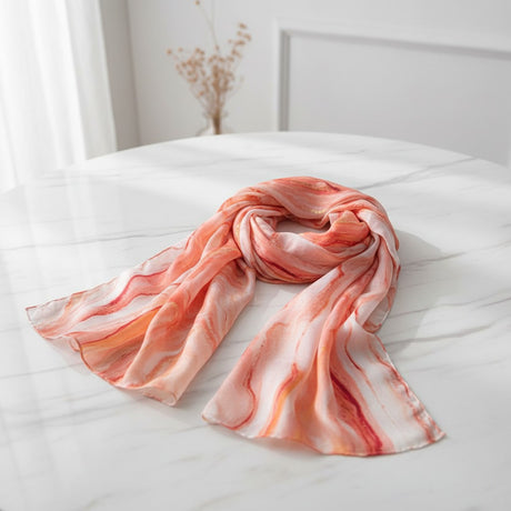 Scarf with pink and orange gradient on a white surface