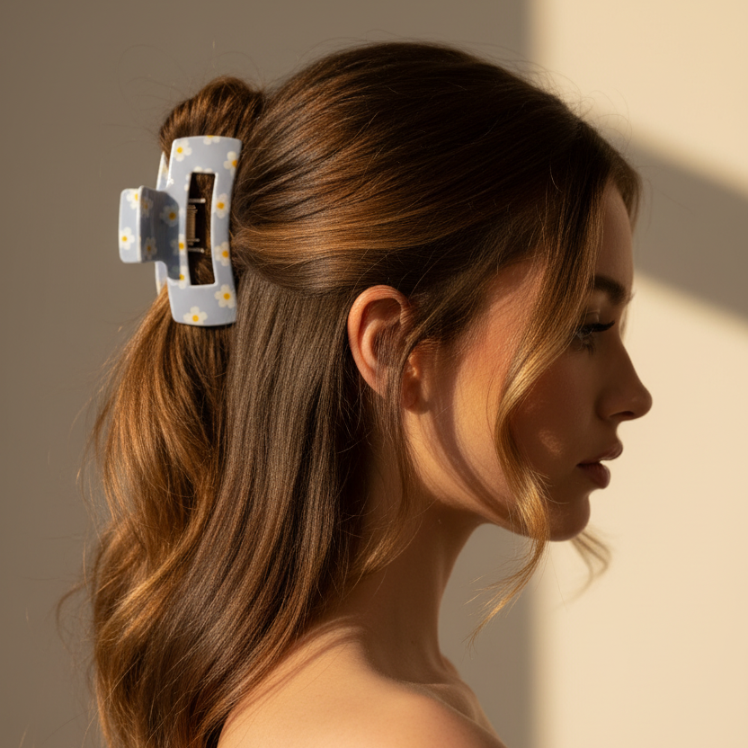 Cornflower blue daisy print claw clip holding a half up ponytail in warm sunlight