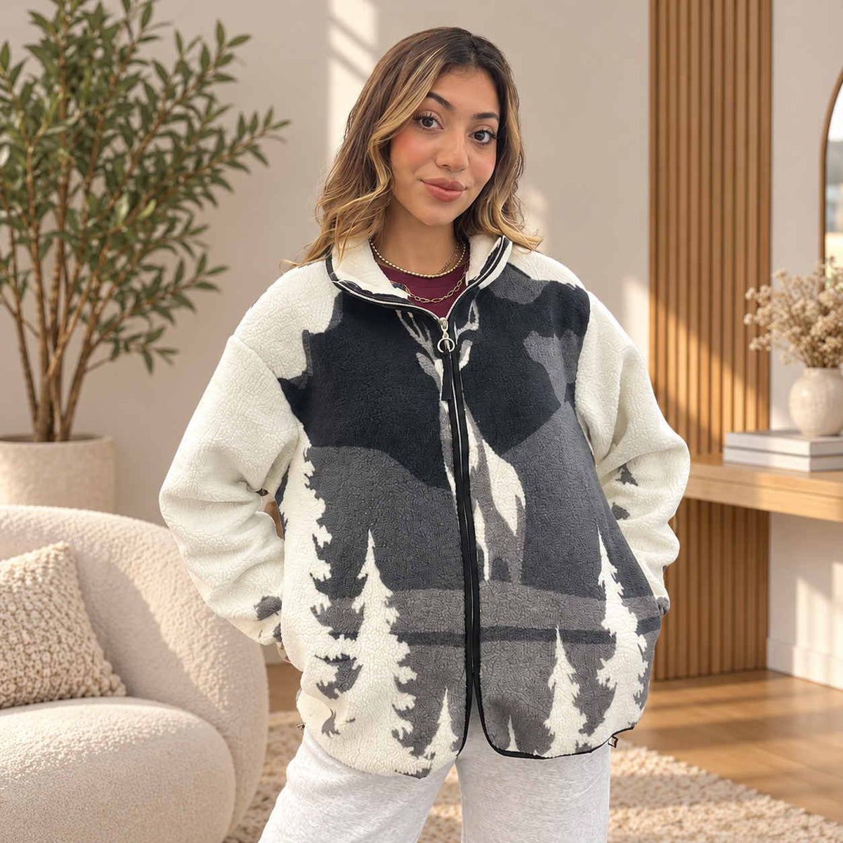Charcoal Deer Forest Print Sherpa Zip Jacket