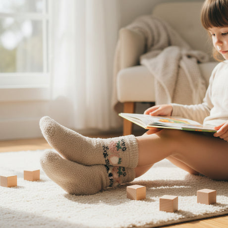 Cream fluffy socks with floral cuff detail worn on a soft rug