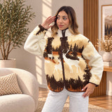 Brown Deer Forest Print Sherpa Zip Jacket