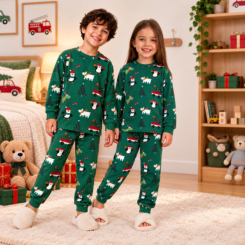Green Christmas Penguin Print Kids PJ