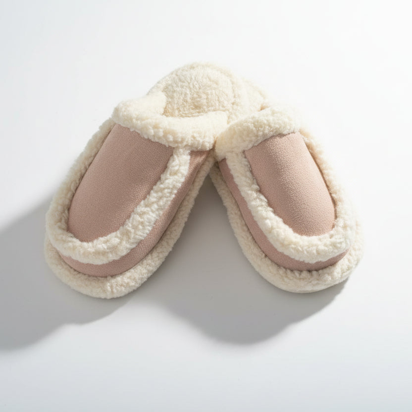 Empty pair on a white studio background, suede look upper wrapped in thick cream teddy trim