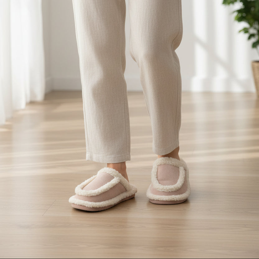 Rear view on a wooden floor showing the padded heel and horseshoe sherpa collar in pale pink