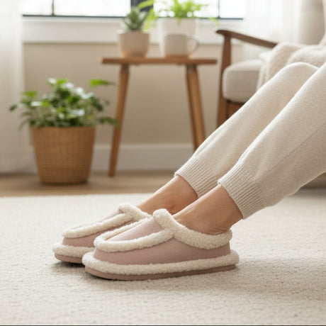Dusty pink slippers with cream sherpa banding and a closed heel, worn reclining on a carpeted floor