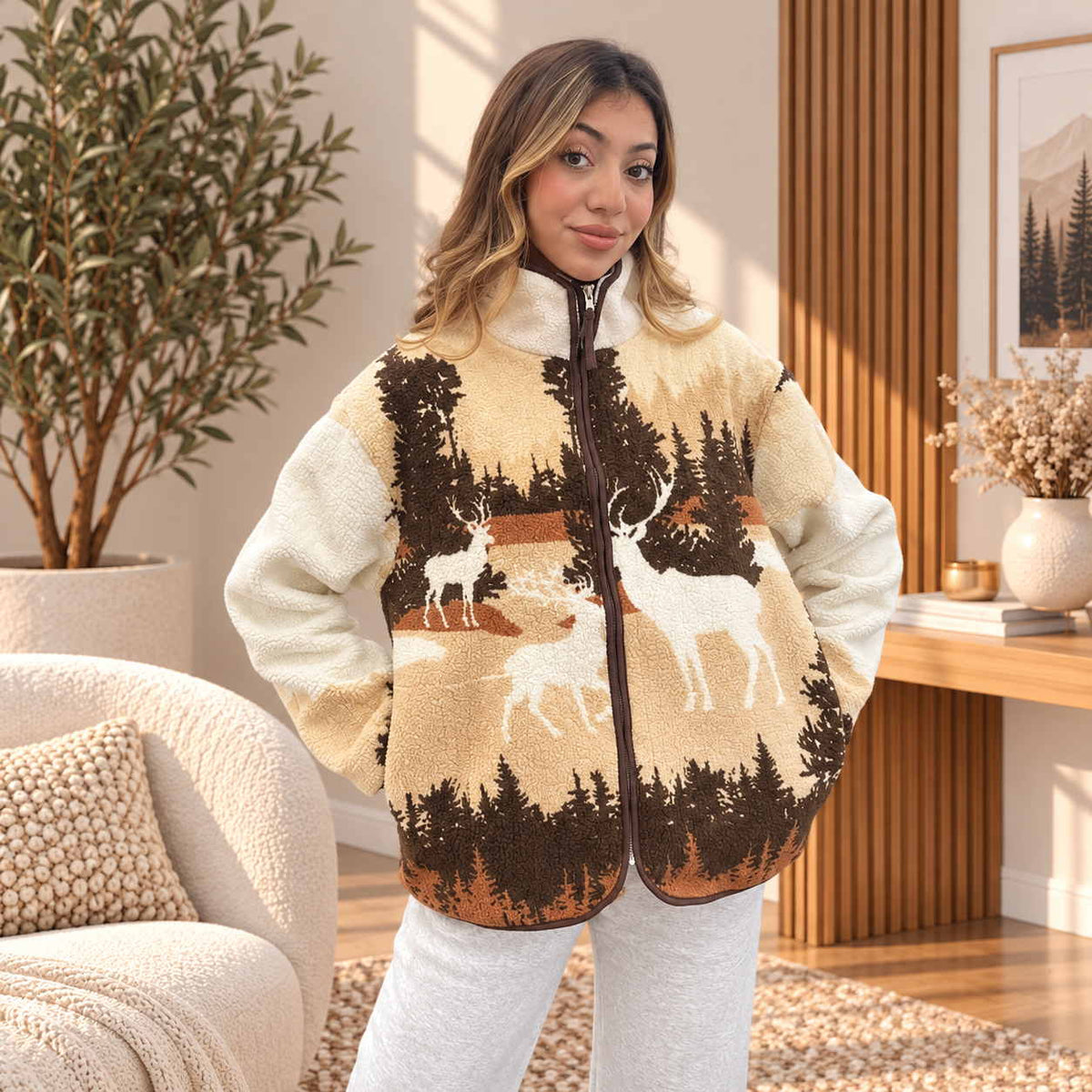 Brown Deer Forest Print Sherpa Zip Jacket