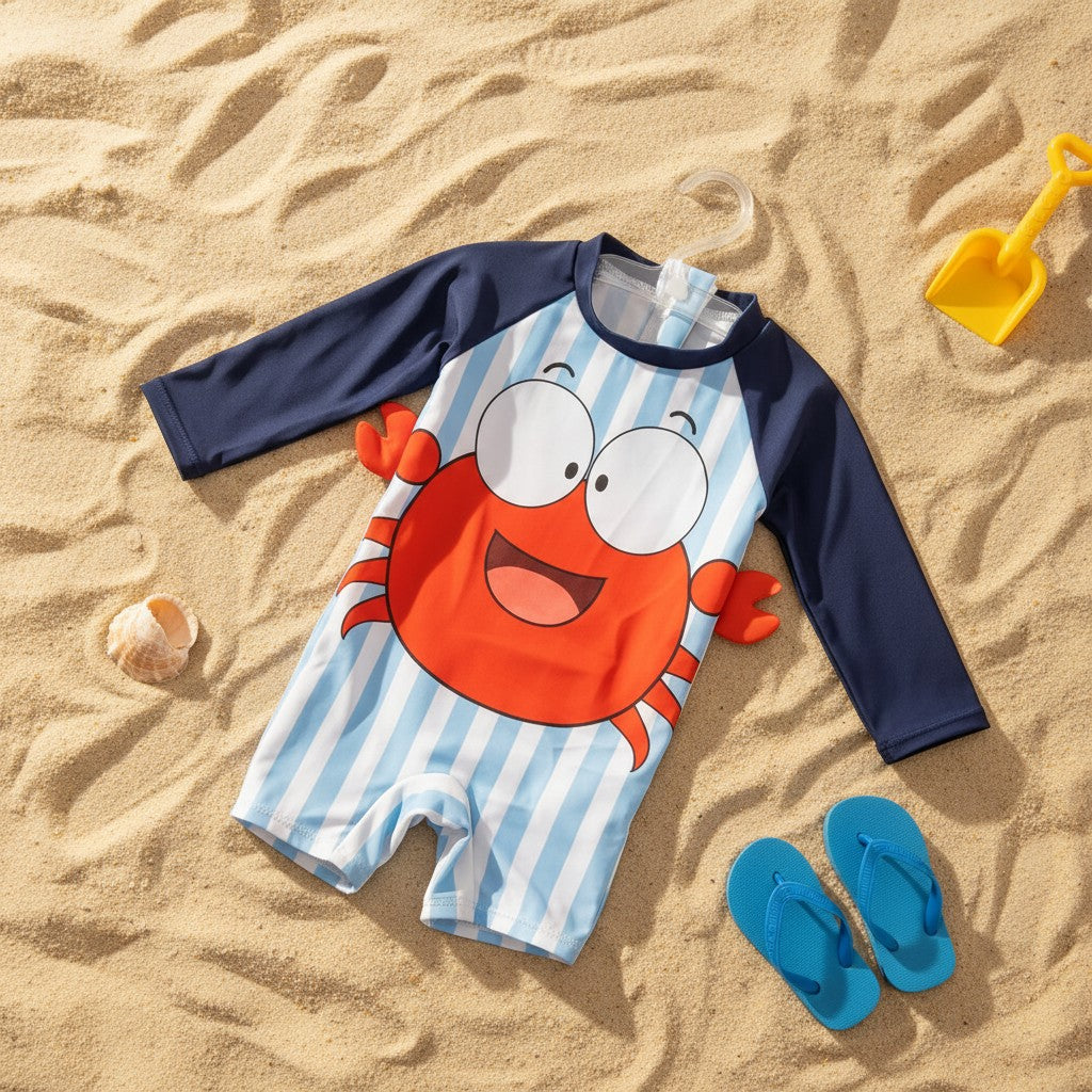 A children's long-sleeve one-piece swimsuit laid flat on sandy ground with beach props