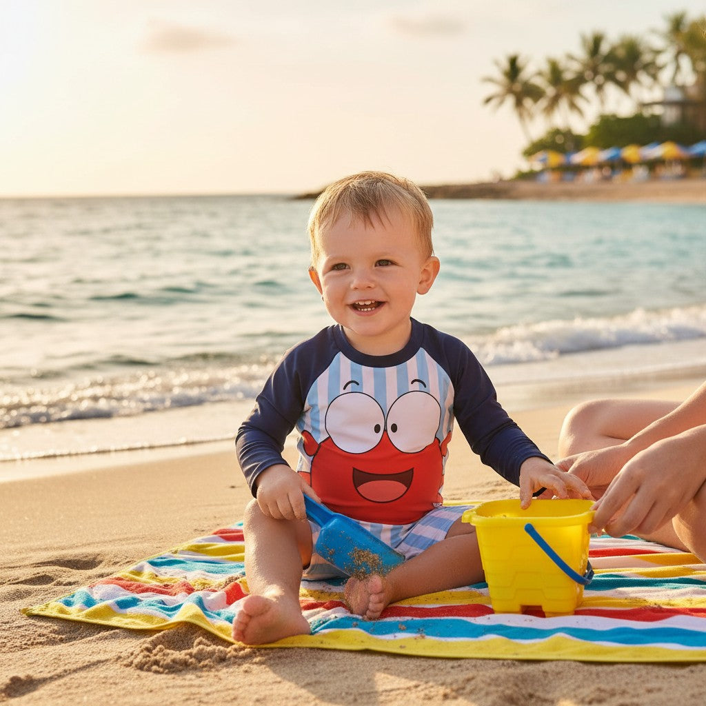 A smiling toddler sitting on a beach towel on the sand, wearing a navy long-sleeve onesie swimsuit with a red crab face and blue striped sleeves