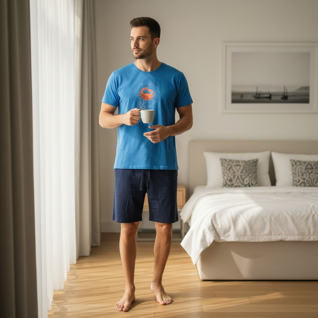 Crab print pyjama set worn while holding a mug in a bright bedroom