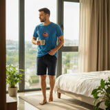 Crab print pyjama set worn by a tall window with plants and a city view