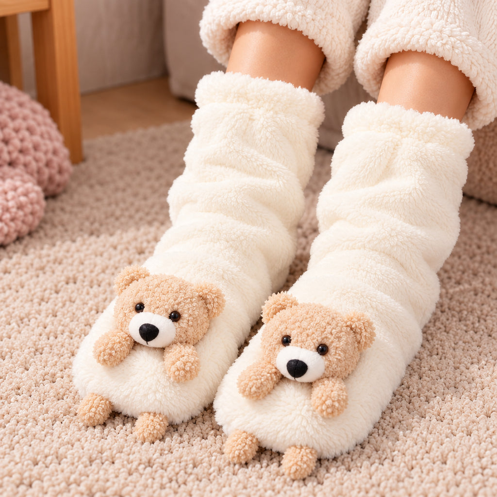Cream slouchy fuzzy socks with a 3D tan teddy bear on each toe, worn with sherpa pyjama pants