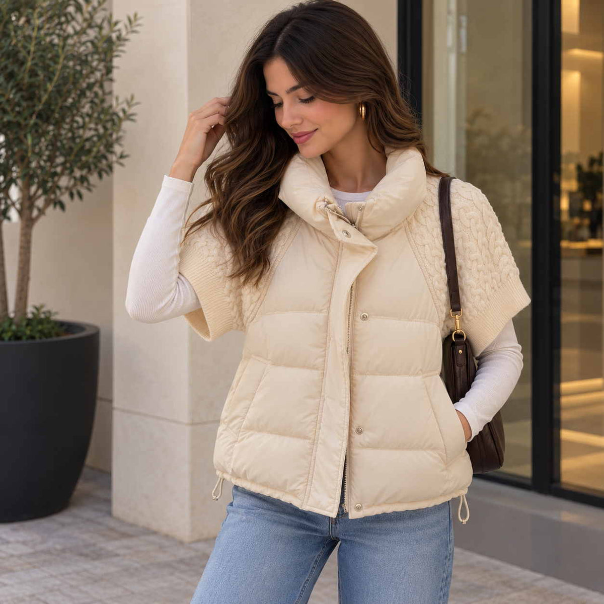 Woman in a cream quilted puffer jacket with short cable knit sleeves over a white long sleeve top