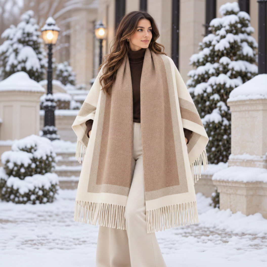 Cream blanket wrap with a wide camel centre panel and fringe ends worn over a brown turtleneck
