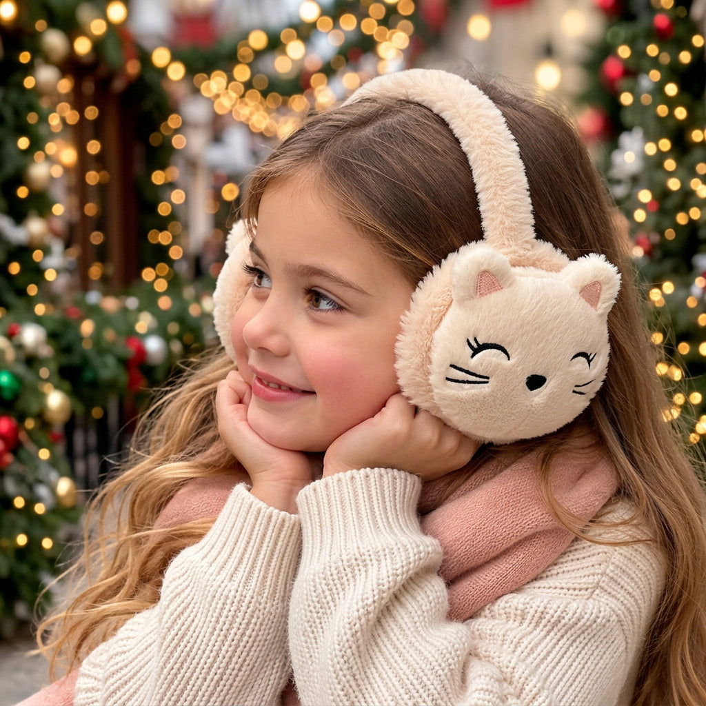 Smiling girl in a knit jumper wearing cream cat face ear muffs among Christmas lights