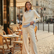 Woman in cream collared sweatshirt and wide leg pants two piece set, Jack Gifts Online Lebanon