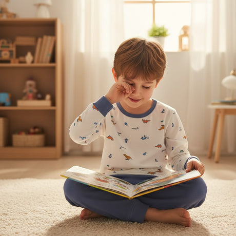 Boy reading a book on a bedroom rug in a cream dinosaur print pyjama top and blue pants