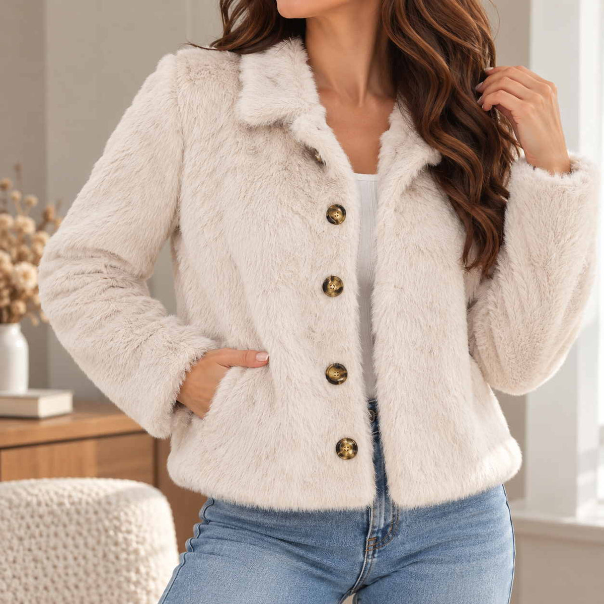 Cream faux fur jacket with a wide collar and tortoiseshell buttons, hand in front pocket
