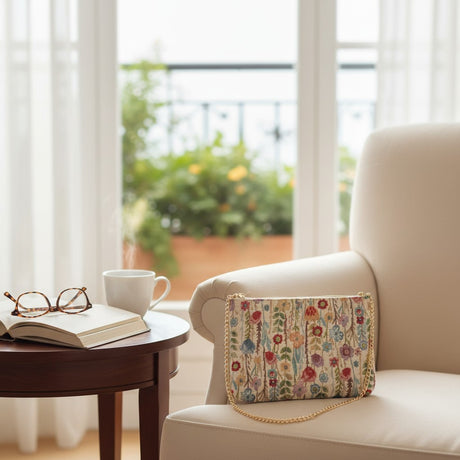 Floral tapestry bag resting on a cream armchair by a window