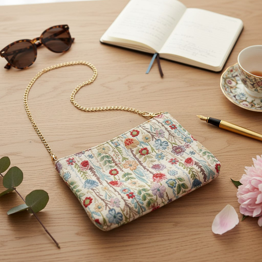 Cream floral tapestry crossbody bag with a gold chain laid flat