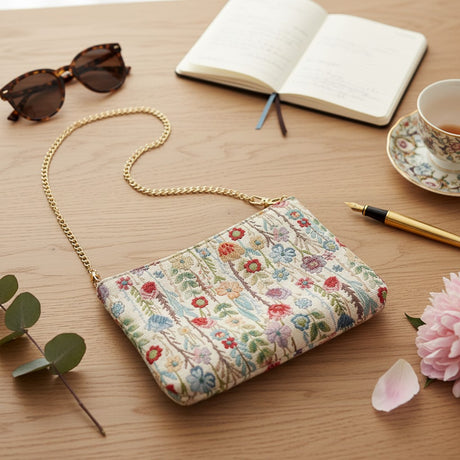 Cream floral tapestry crossbody bag with a gold chain laid flat