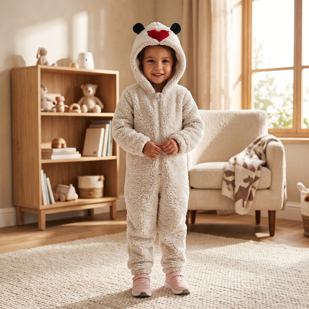 Child in a cream fluffy hooded onesie with black ears and a red heart on the hood