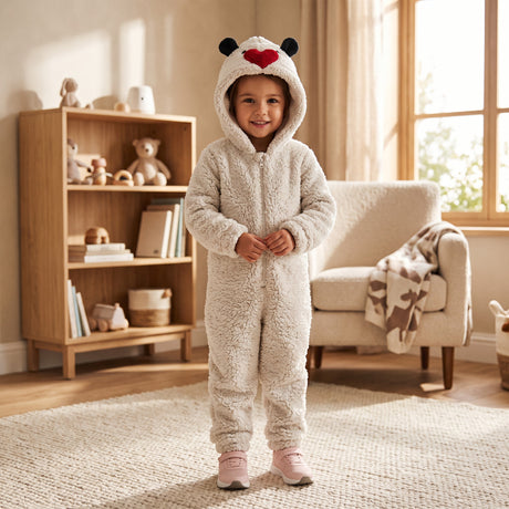 Child in a cream fluffy hooded onesie with black ears and a red heart on the hood