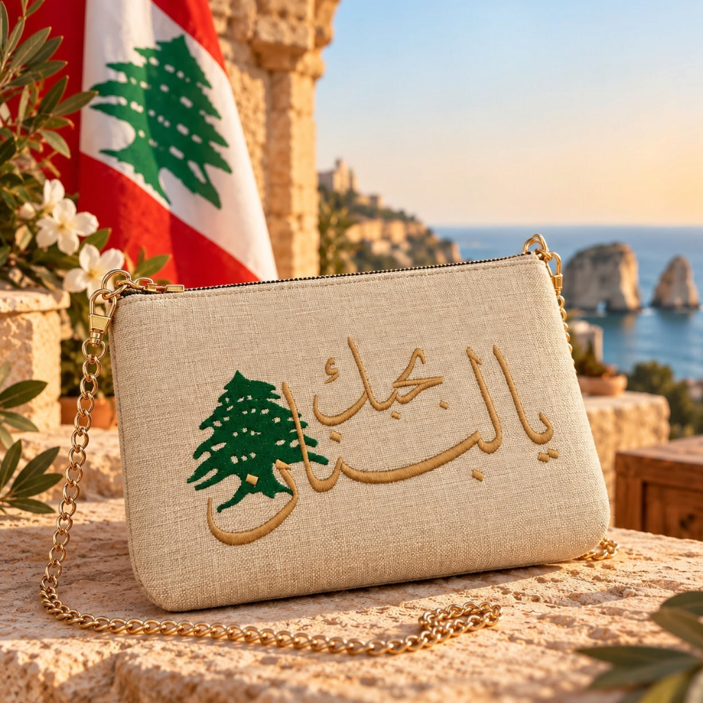 Handmade cream pouch with gold Arabic I love you Lebanon embroidery and a green cedar, with the Lebanese flag behind