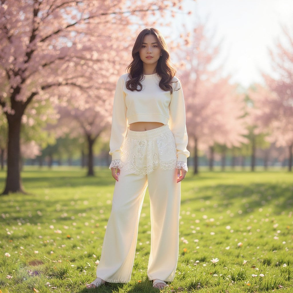 Woman in cream lace trim sweatshirt and wide leg pants set, Jack Gifts Online Lebanon