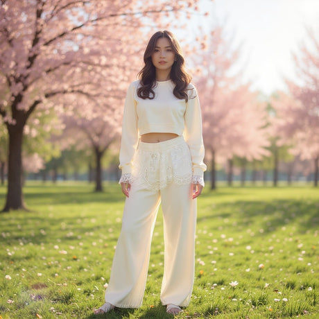 Woman in cream lace trim sweatshirt and wide leg pants set, Jack Gifts Online Lebanon