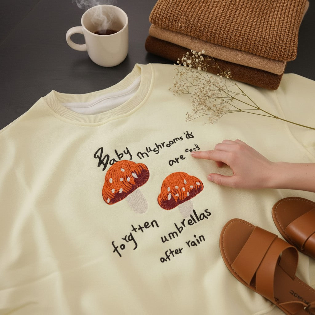 Cream mushroom sweatshirt worn with black leggings and a knit scarf outdoors