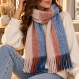 Cream blanket scarf with rust and blue stripes and long twisted tassel ends