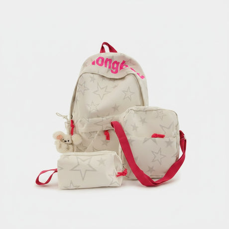 Cream star print backpack set with crossbody bag and pencil case